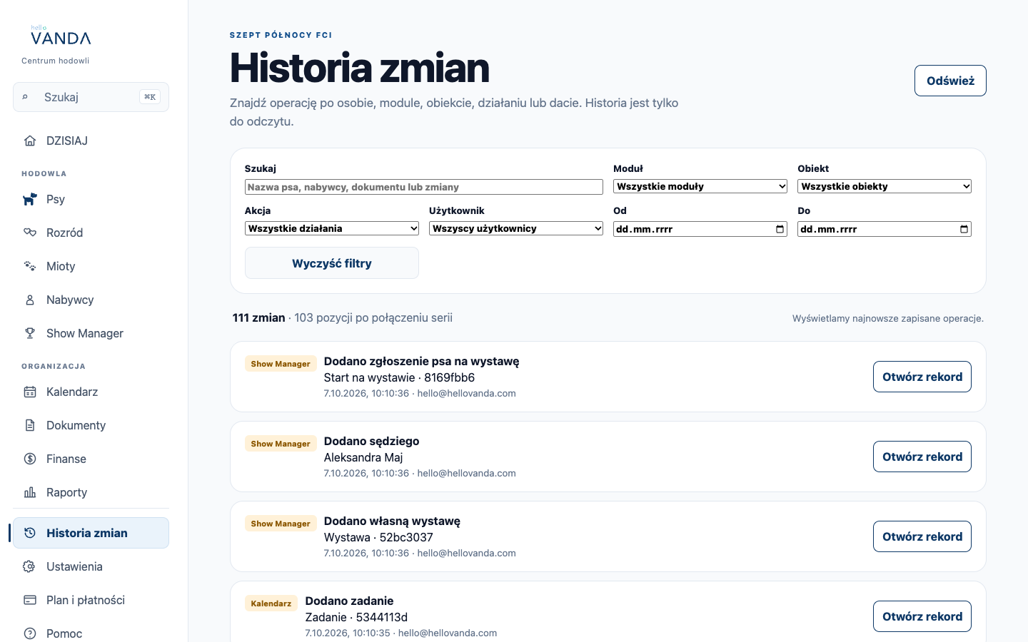 Ekran Historii zmian
