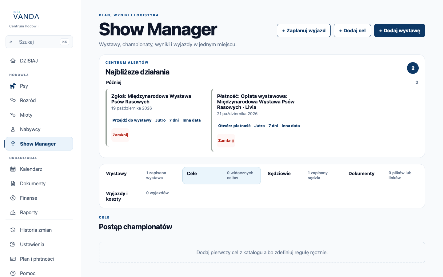 Widok Show Managera w VANDA